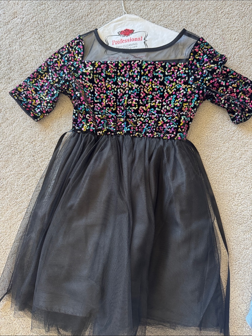 Size 7, Zunie Black Tulle Dress with Multicolor Sequin and Velvet Bodice